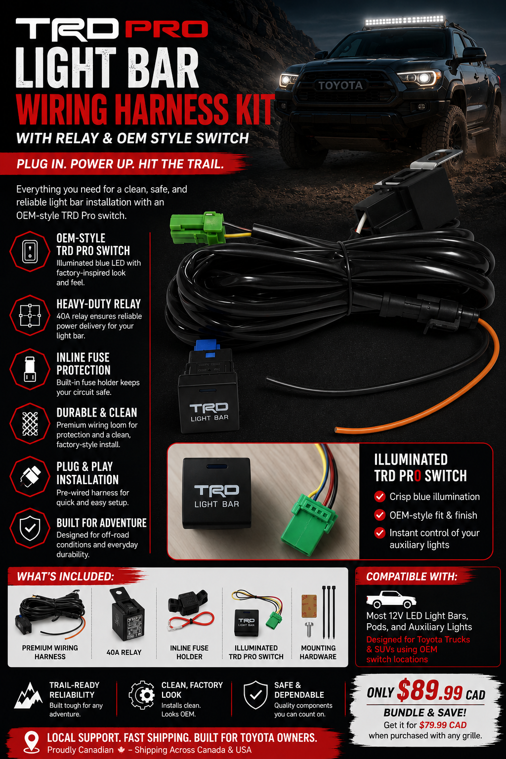 TRD Pro light bar wiring harness kit with OEM-style illuminated switch